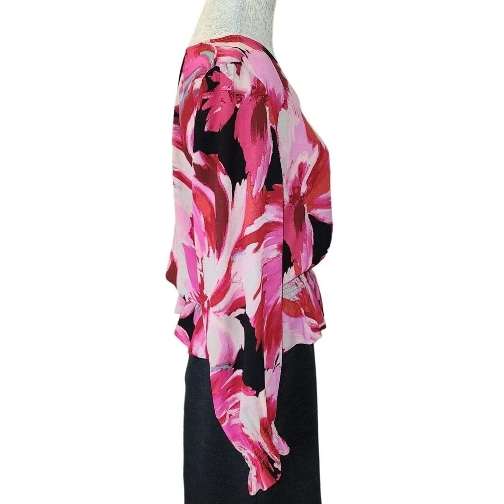 Halogen Blouse‎ M Retro Floral Print Long Sleeve Elastic Waist - Picture 5 of 7